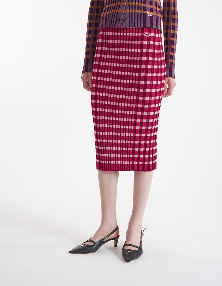 CHECKED RIBBED MIDI SKIRT