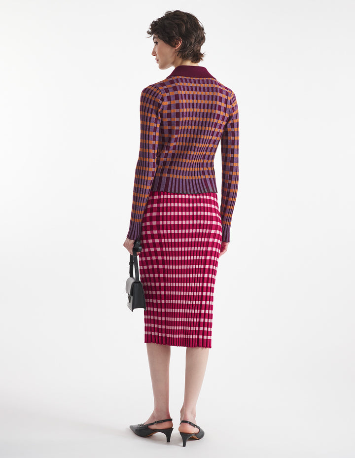 CHECKED RIBBED MIDI SKIRT