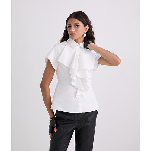FRONT RUFFLE SSLV POPLIN SHIRT