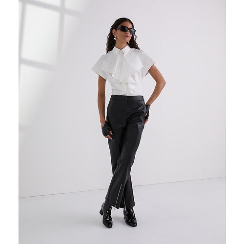 FRONT RUFFLE SSLV POPLIN SHIRT