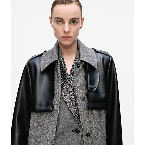 TWEED AND FAUX LEATHER COAT