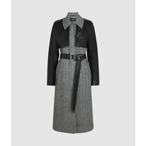 TWEED AND FAUX LEATHER COAT